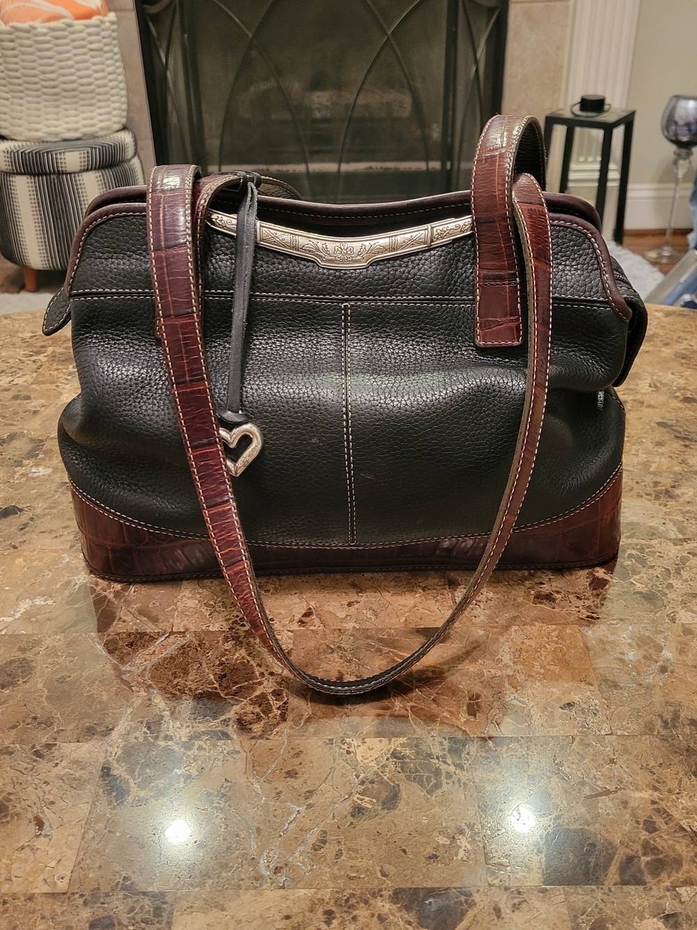 Brighton Black Pebbled Leather Shoulder Bag with Brown Croc Trim